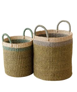 Abaca Cylinder Basket with Handles. Set of 2