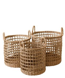 Seagrass Rope Open Weave Cylinder Basket with handles. nested set of 3