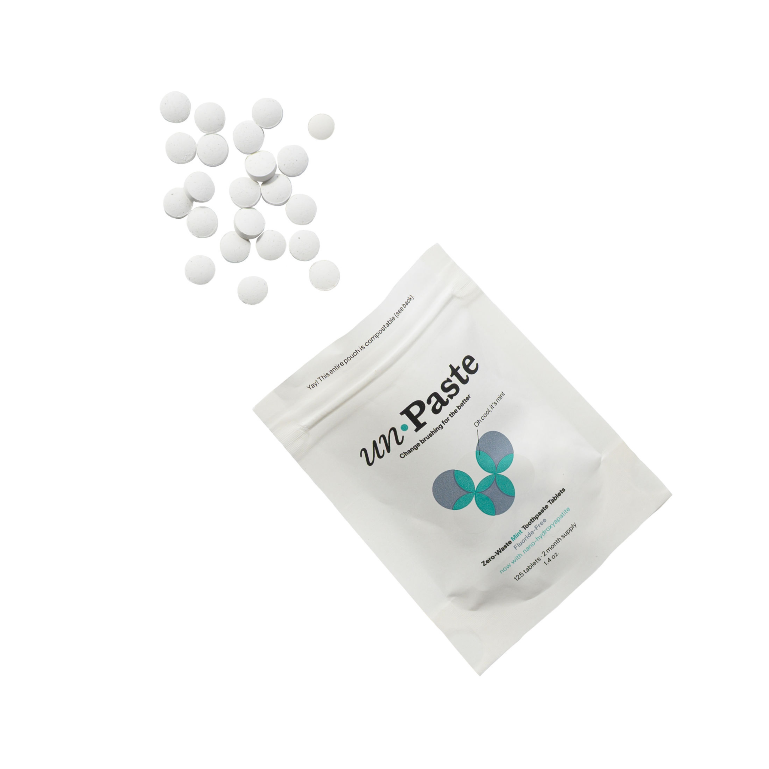 Unpaste_Fluoride-FreeToothpasteTablets_Mint_125count_openpacket_tablets.png